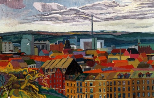 Fotograf: Anders Øland
Værk  titel: Forårsdag med lyst gråvejr over Østboulevarden 
Værk  type: Maleri 
Materiale: Olie på lærred 
Størrelse: 90x143 cm 
Færdiggjort: 1997 
Placering: Lokalcenter Bakkegården 