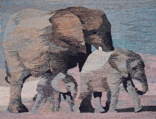Fotograf: Eget foto
Værk  titel: Elefanter 
Værk  type: Vævning 
Størrelse: 41 x 54 cm 
Færdiggjort: 2000 