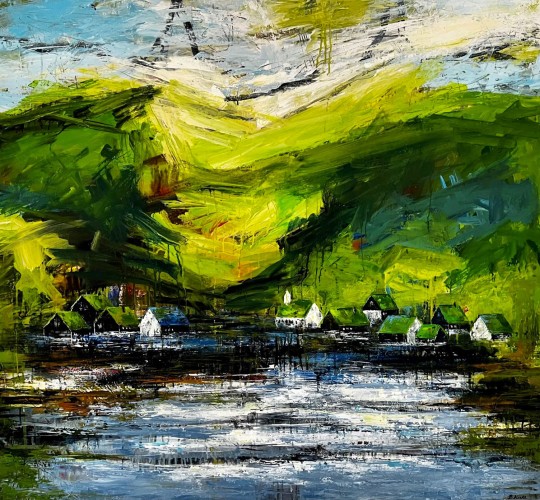 Village by the Sea. Faroese Landscape. 
Painting on canvas 120x130 cm.