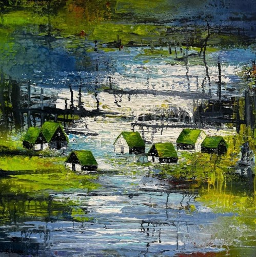 Village by the Sea. Faroese Landscape. 
Painting on canvas 70x70 cm.