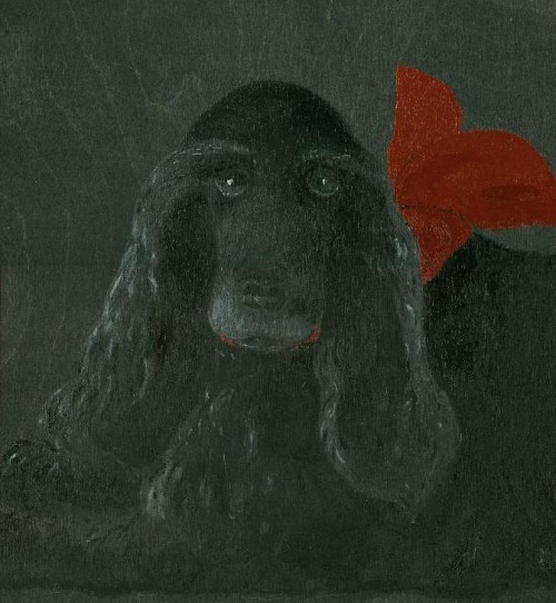Portræt af hund - prinsesse Amira, sort cockerspaniel. 
Sort på sort - acryl på træ - 40 x 40 cm.